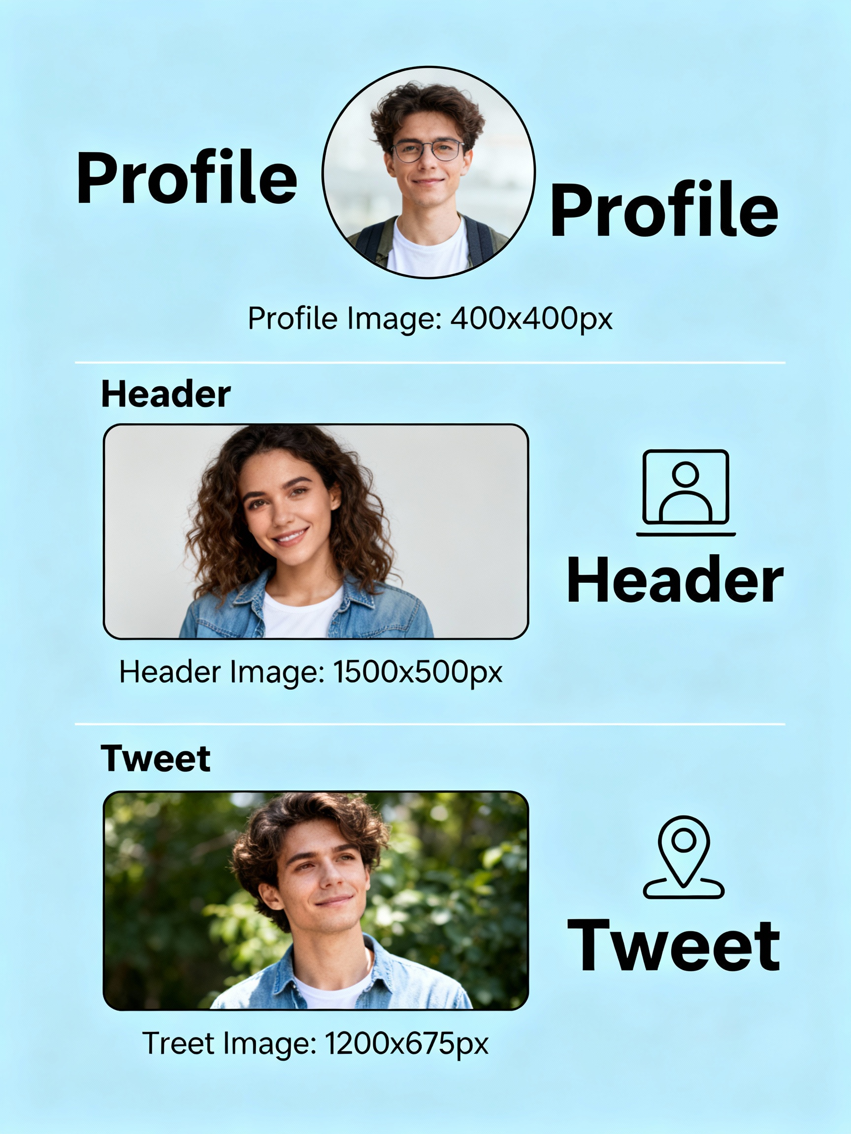 Twitter image size examples showing profile, header, and tweet dimensions